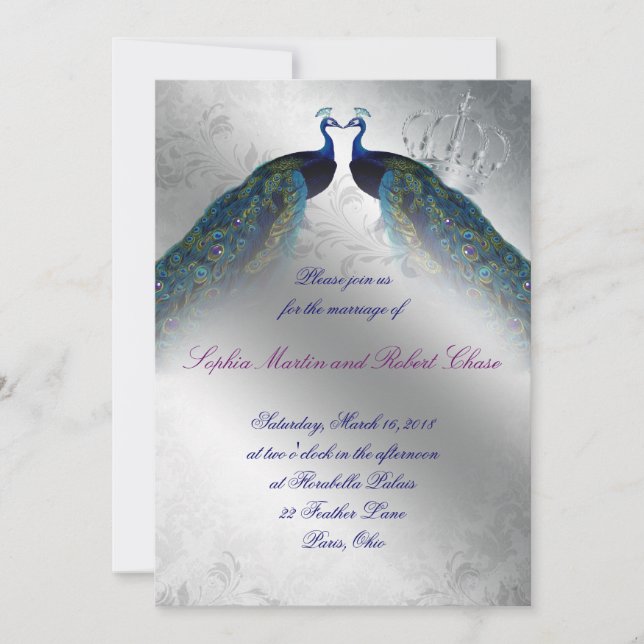 Peacock Wedding Invite Blue Silver Vintage Mod (Front)