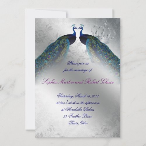 Peacock Wedding Invite Blue Silver Vintage Modern
