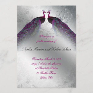 Peacock Wedding Invite Pink Vintage Silver