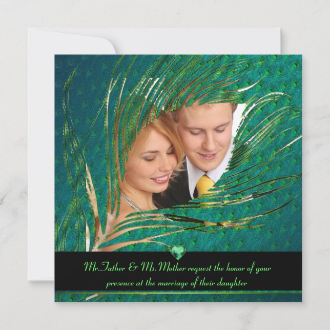 Peacock wedding photo invitations (Front)