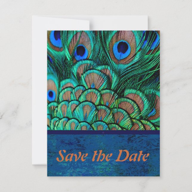 Peacock Wedding Save the Date card (Front)