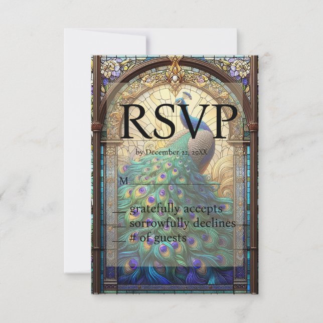 Peacock Wedding Stained Glass RSVP Response Card (Front)