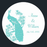 Peacock Wedding Sticker<br><div class="desc">A peacock's call is brought to mind on this sticker. A classic illustration of a peacock in a tree in shades of turquoise frames your names and event date. A great favor or use as envelope seals or on packages. Available in alternate colors with a range of matching products.</div>