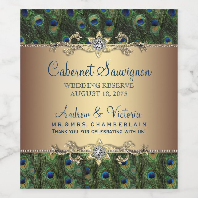 Peacock Wedding Wine Bottle Labels (Single Label)