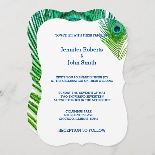 Peacock Weddings Feathers Green Blue White Custom Invitation