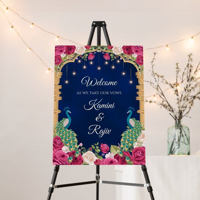 Peacock welcome wedding sign with Indian Peacock (In Situ (Stand))
