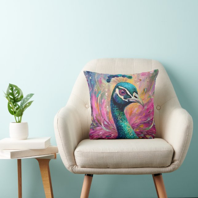 Peacock Whimsical Modern Impressionist Art Throw Pillow (Chair)