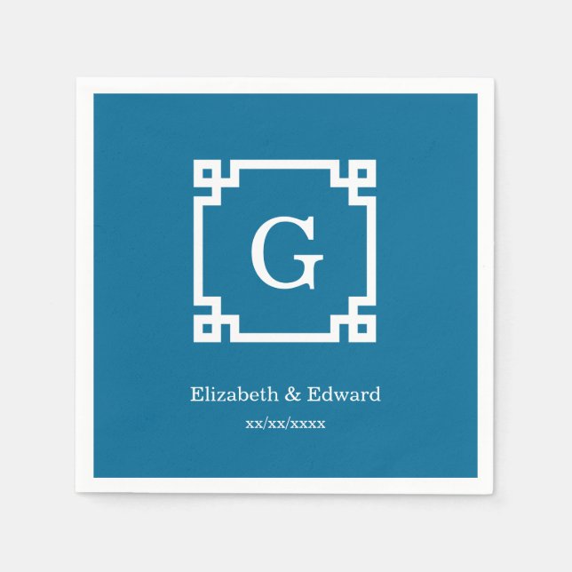 Peacock White Greek Key Framed #2 Initial Monogram Paper Napkins (Front)
