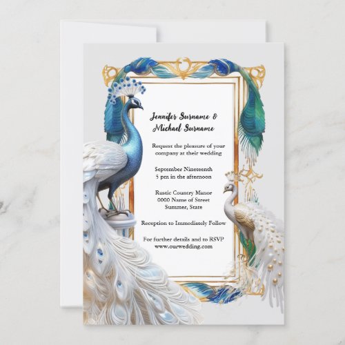 Peacock white teal art nouveau decorative frame invitation