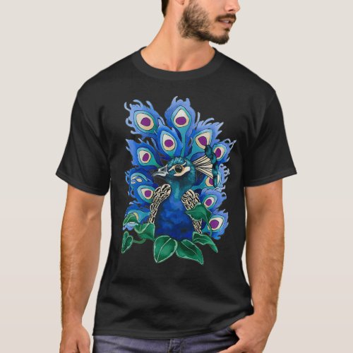 Peacock with crest and green leaves pheasants feat T_Shirt