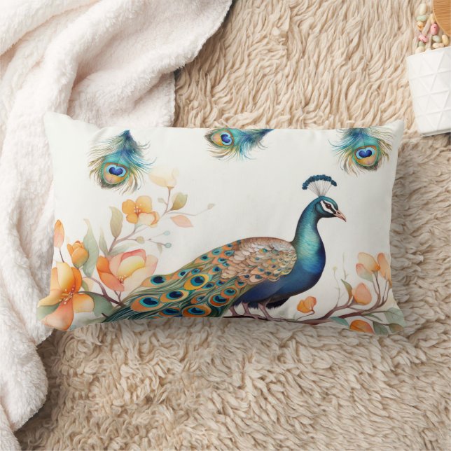 Peacock with Falling Feathers and Orange Flowers Lumbar Pillow (Blanket)