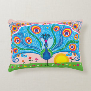 Peacock with Flowers Accent Pillow