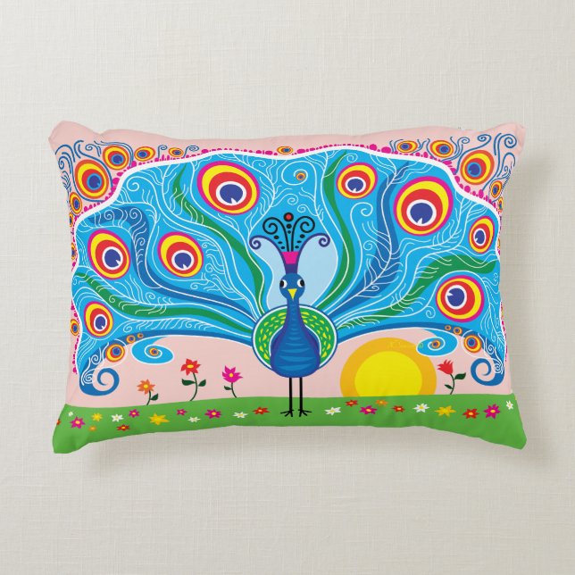 Peacock with Flowers Accent Pillow (Front)