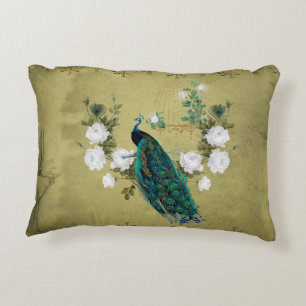 Peacock with flowers accent pillow