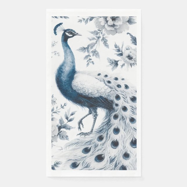 Peacock with flowers blue paper guest towels (Front)