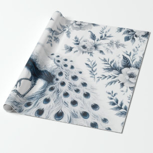 Peacock with flowers blue wrapping paper