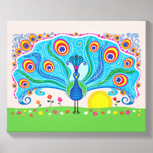 Peacock with Flowers Canvas Photo Tile
