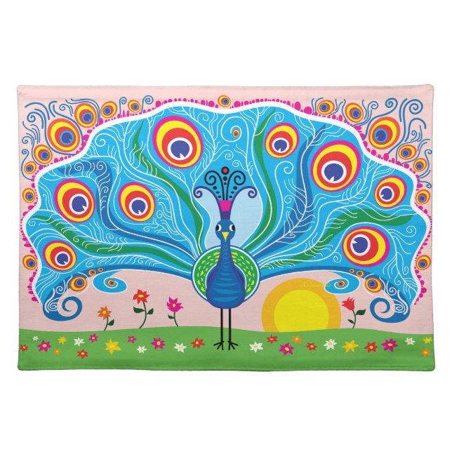 Peacock with Flowers Cloth Placemat (Front)