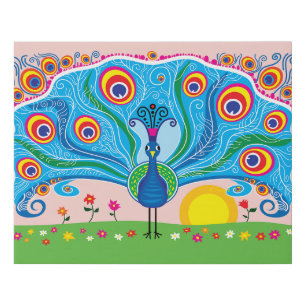 Peacock with Flowers Faux Canvas Print