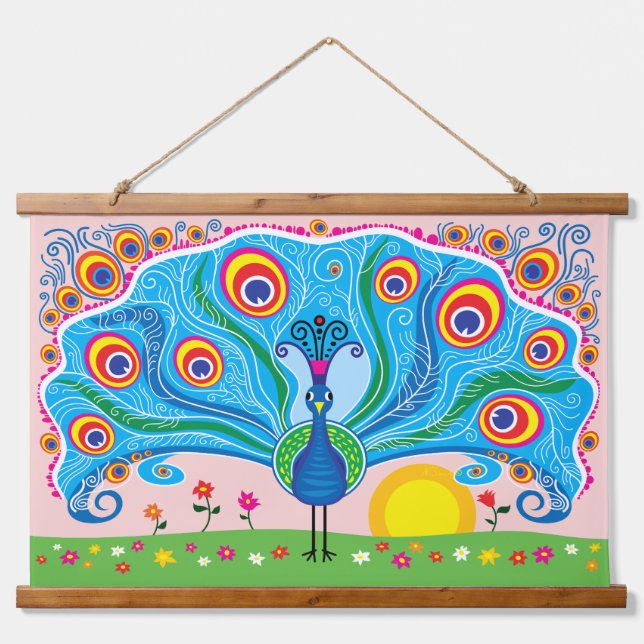 Peacock with Flowers Hanging Tapestry (Front)