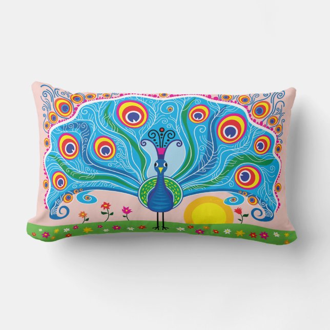 Peacock with Flowers Lumbar Pillow (Front)
