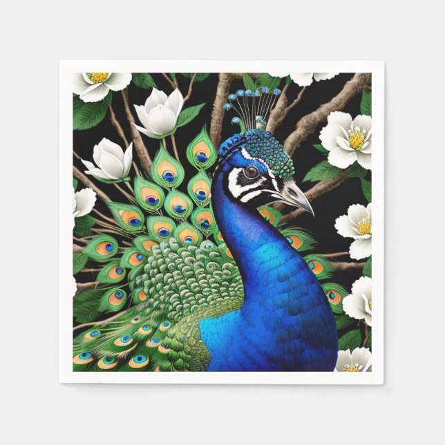 Peacock With Flowers Napkins (Front)