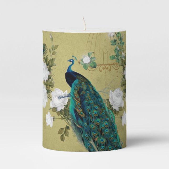 Peacock with flowers pillar candle (Front)