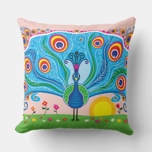 Peacock with Flowers Throw Pillow