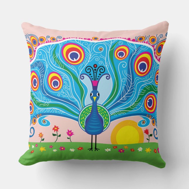 Peacock with Flowers Throw Pillow (Front)
