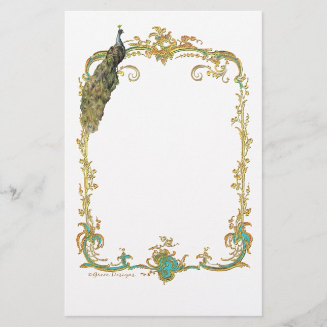 Peacock with Gold Frame Ornate Stationery (Front)