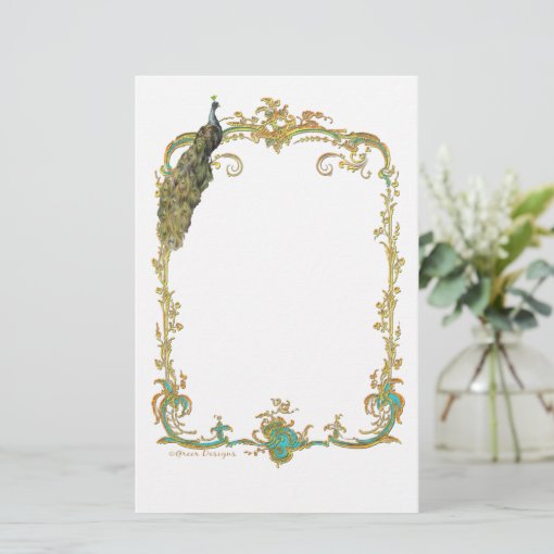 Peacock with Gold Frame Ornate Stationery | Zazzle