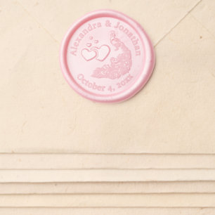 Peacock with Hearts Bride Groom Couple Names Date Wax Seal Sticker
