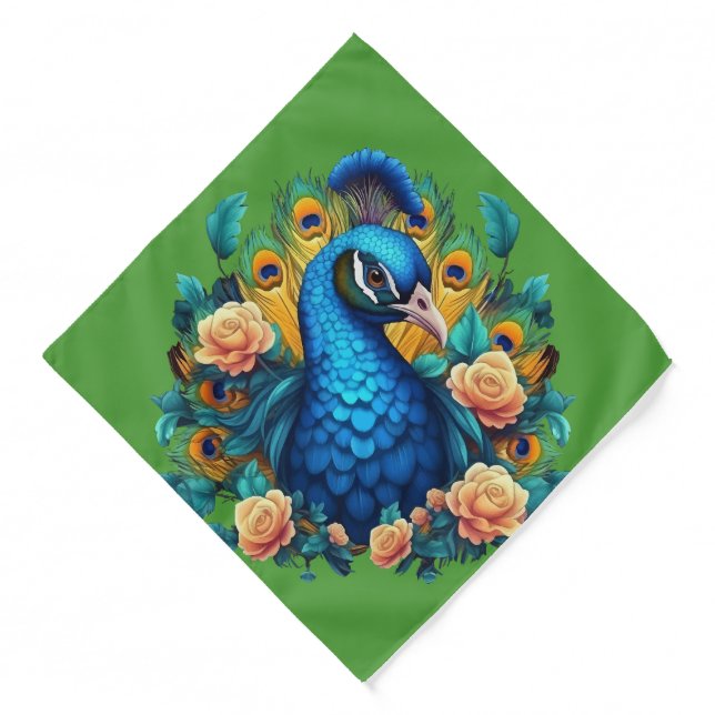 Peacock With Peach Roses Bandana (Front)