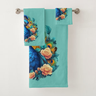 Peacock With Peach Roses Bath Towel Set