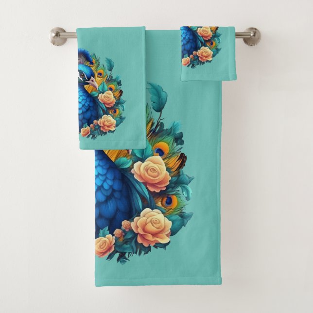 Peacock With Peach Roses Bath Towel Set (Insitu)