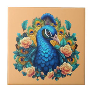 Peacock With Peach Roses Ceramic Tile