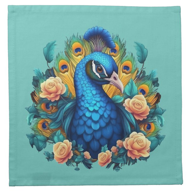Peacock With Peach Roses Cloth Napkin (Front)