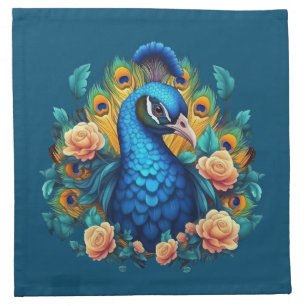 Peacock With Peach Roses Cloth Napkin