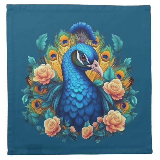 Peacock With Peach Roses Cloth Napkin (Front)