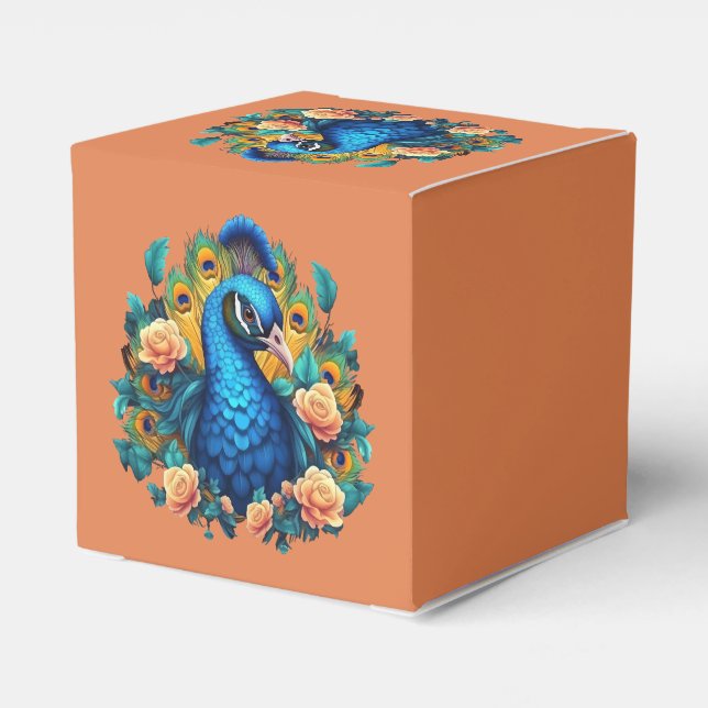 Peacock With Peach Roses Favor Boxes (Back Side)