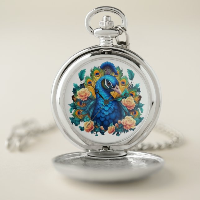 Peacock With Peach Roses Pocket Watch (Inside)