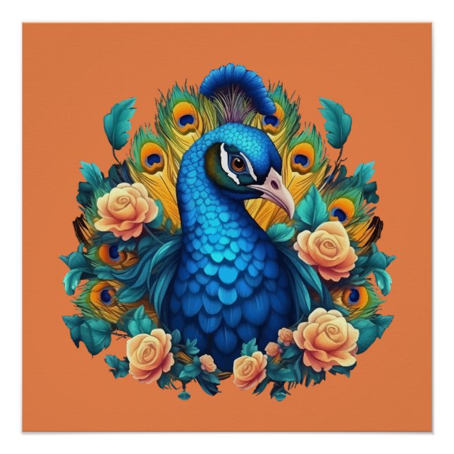 Peacock With Peach Roses Poster (Front)
