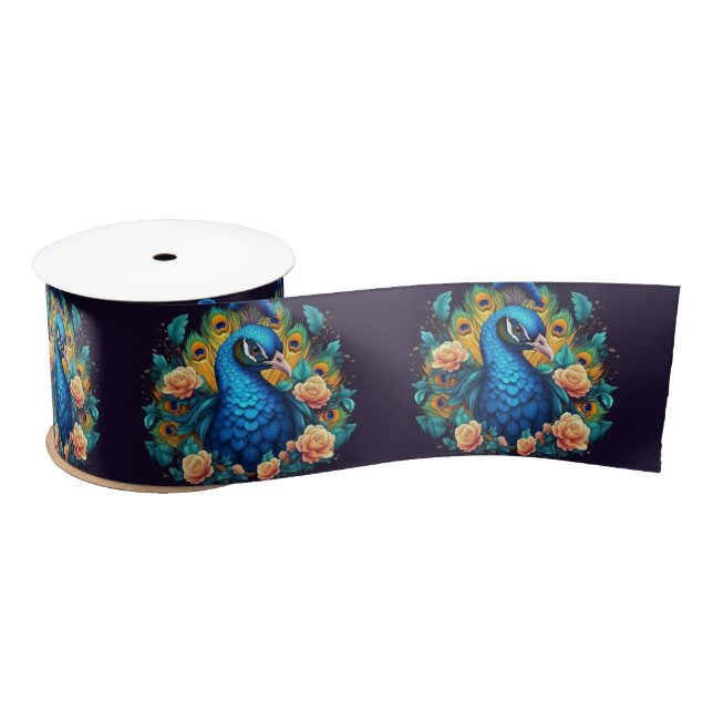 Peacock With Peach Roses Satin Ribbon (Spool)