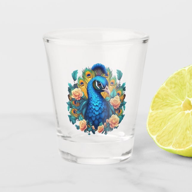 Peacock With Peach Roses Shot Glass (Front)