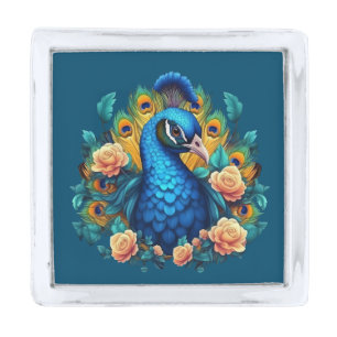 Peacock With Peach Roses Silver Finish Lapel Pin