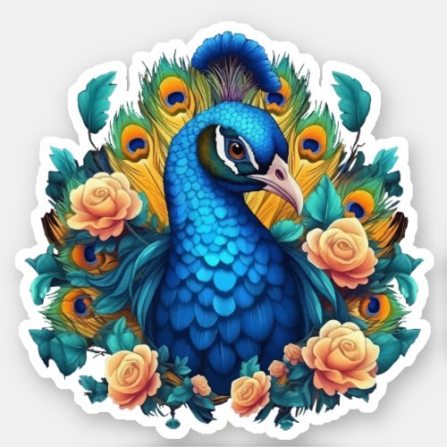 Peacock With Peach Roses Sticker