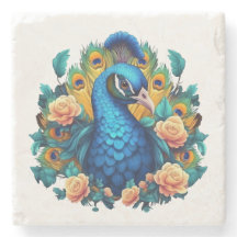 Peacock With Peach Roses