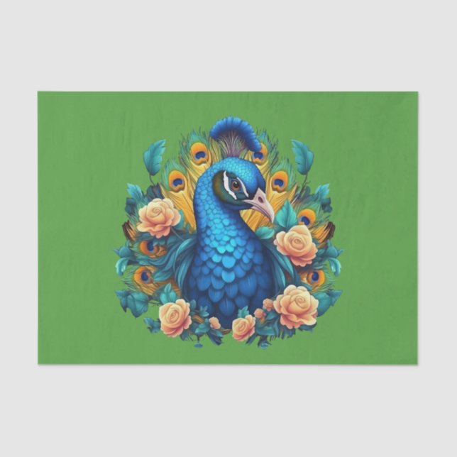 Peacock With Peach Roses Tissue Paper (Front)