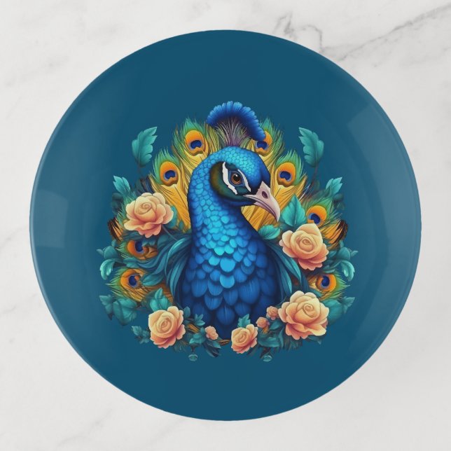 Peacock With Peach Roses Trinket Tray (Front)