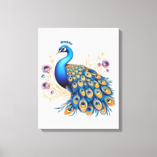 Peacock With Purple Flowers Canvas Print